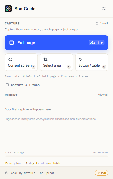 ShotGuide popup with full page, visible area and element capture